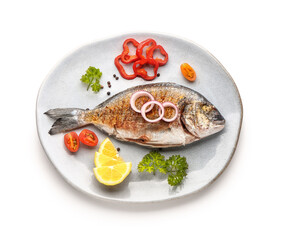 Plate with tasty grilled dorado fish on white background