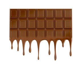Melted chocolate bar on white background