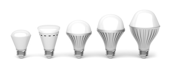 Different types of LED light bulbs on white background