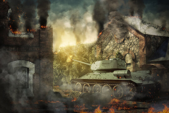 Tank defense destroyed the countryside. Panzer division in the village