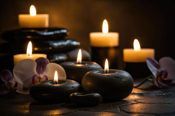 Obraz na płótnie Canvas Candles and Stones in a Zen Spa Resort Luxury Ambiance Relaxation Generative AI
