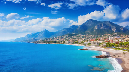 山、海、雲と青い空を背景にした地中海のリゾート地アランヤのパノラマの美しい景色GenerativeAI