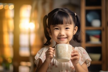Asian cute little boy holding a cup of milk in home kitchen Preschool girl or daughter at home with smiling, happy faces enjoying milk