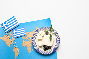 Flags of Greece, world map and plate with feta cheese isolated on white background