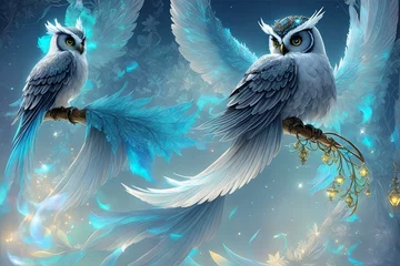 Rolgordijnen Cute and adorable fantasy owls perched on a branch. Blue light and hue. Owl with shiny feathers. Generative AI. © Zeeshan