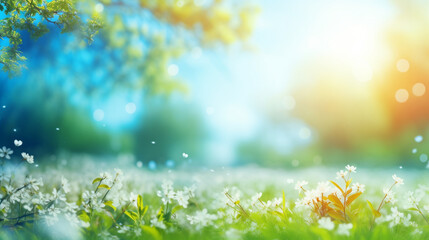Fototapeta na wymiar 晴れた日に咲く空き地、木々、青い空を持つ、美しいぼやけた春の背景GenerativeAI