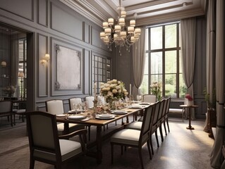 Wide angle view of the dining room in British style with dining sets, sunlight shines through windows. Generative AI