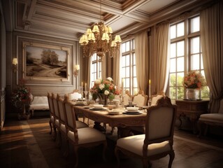 Fototapeta na wymiar Wide angle view of the dining room in British style with dining sets on the table and warm lighting from candlesticks and chandeliers. Generative AI