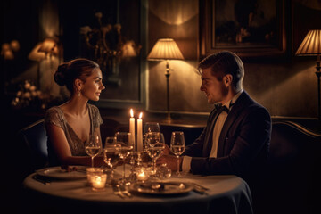 Romantic Ambiance: Attractive Couple's Candlelit Dinner with Wine - Generative AI