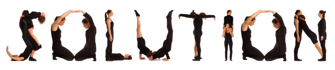 Black dressed people forming word SOLUTION on white background