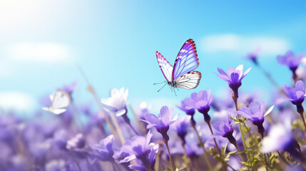 青い空を背景に草の中の野生の白い紫の花に紫の蝶GenerativeAI