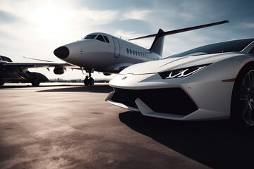 Super car and private jet on landing strip. Business class service at the airport. Business class transfer. Airport shuttle