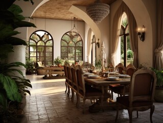 Fototapeta na wymiar Wide angle view of dining room in Mediterranean style and dining sets, view outside through arched windows. Generative AI