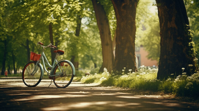 陽が降り注ぐ都市部の自然な春夏公園で、葉が茂った木陰で自転車GenerativeAI