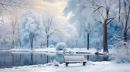 曇った木々 、ベンチ、凍った青い氷の池がある、朝の雪に覆われた都市公園の美しい自然の風景GenerativeAI