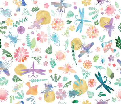 Seamless pattern of insects, flowers and leaves with lovely watercolor texture in shades of gold, pink, blue, green and purple