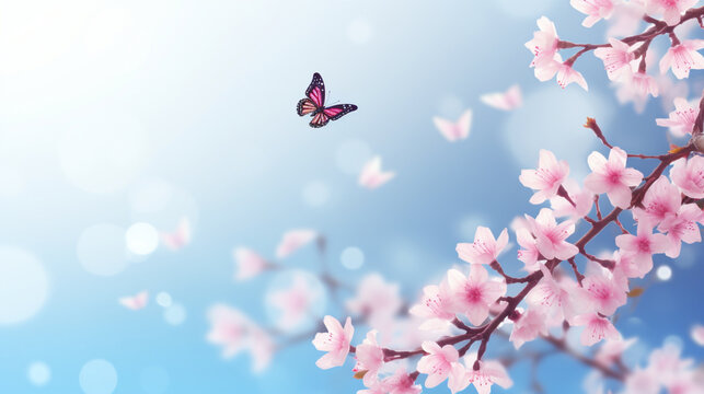 背景の青空に桜が咲き、屋外の自然に春に蝶が羽ばたく枝。ピンクの桜の花、驚くほどカラフルな夢のようなロマンチックな芸術的なイメージ、春の自然GenerativeAI
