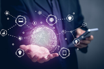 The concept of using online documents. Business people use online documents in various fields via mobile phone, cloud storage and big data.