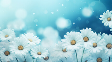 美しい花柄の自然な青ターコイズ色の背景に、柔らかいぼかしフィルターを使用した白いヒナギクのフレームGenerativeAI