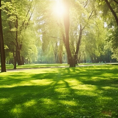 美しい春の背景。柔らかな日差しの中で、若くてジューシーな木の葉を通して緑の芝生がある自然公園GenerativeAI