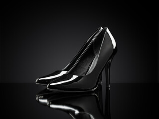 Black shiny stiletto heeled pumps on black reflective background.