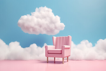 A chair beneath a dreamy sky with fluffy clouds against a pastel blue background creates a serene atmosphere, perfect for relaxation and daydreaming. Generative AI.
