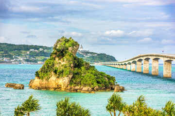 Okinawa, Japan at Kouri Bridge and Kouri Island.