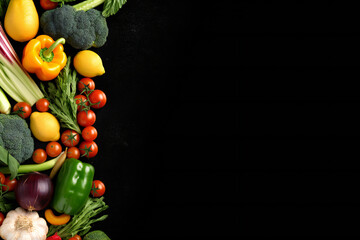 Deluxe food background. Food photography different fruits and vegetables isolated black background. Copy space