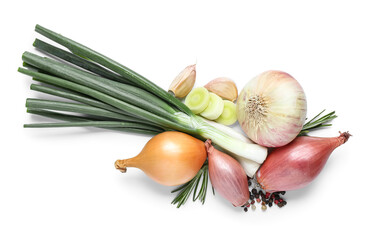 Different kinds of onion with garlic and peppercorns isolated on white background