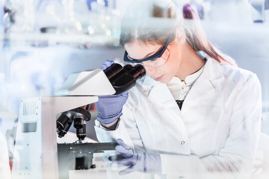 Life scientists researching in laboratory. Attractive female young scientist microscoping in their working environment. Healthcare and biotechnology.