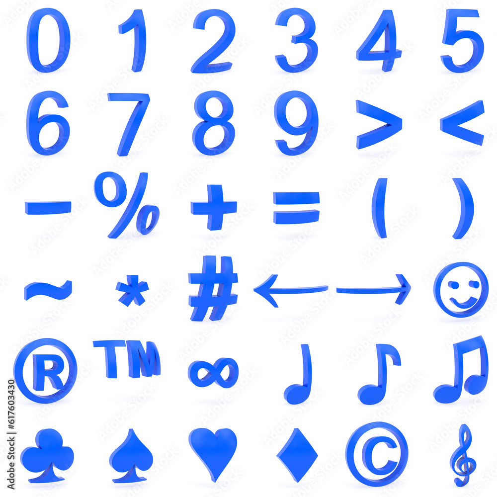 Poster blue curved 3d numbers and symbols rendered with soft shadows on white background