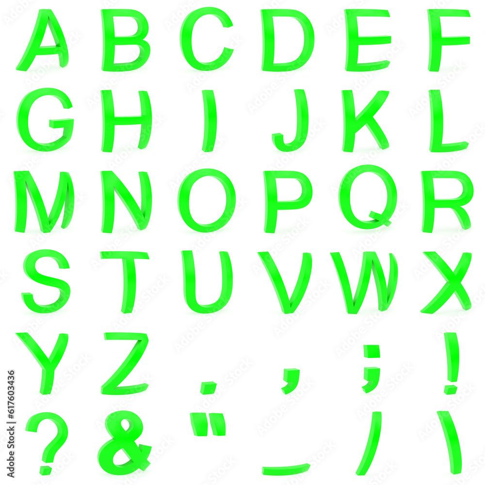 Poster green font from curved 3d capital letters rendered with soft shadows on white background