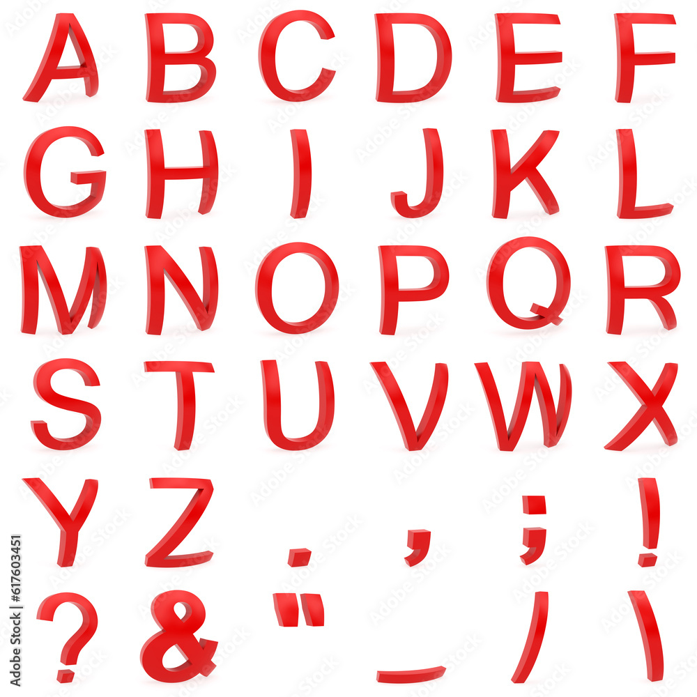 Poster red font from curved 3d capital letters rendered with soft shadows on white background