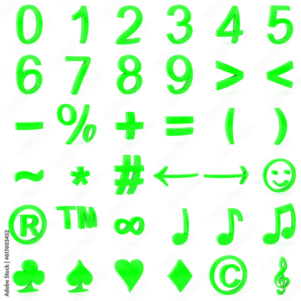 Poster green curved 3d numbers and symbols rendered with soft shadows on white background