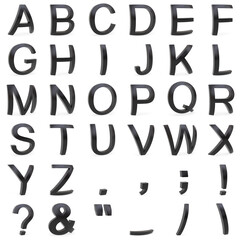 Black font from curved 3D capital letters rendered with soft shadows on white background