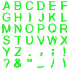 Green font from curved 3D capital letters rendered with soft shadows on white background