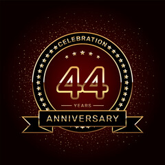 44th anniversary celebration logo design with a golden ring and ribbon, vector template