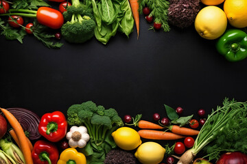 Healthy food. Vegetables and fruits. On a black wooden background. Top view. Copy space.