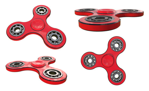 Set fidget spinner stress relieving toy red on white backgrond. 3d illustration