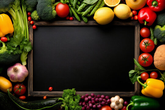 Healthy food. Vegetables and fruits. On a black wooden background. Top view. Copy space.