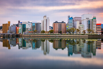 Hiroshima, Japan city skyline on the river.