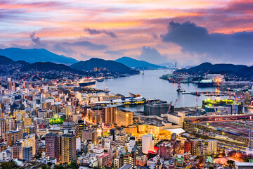 Nagasaki, Japan skyline at night.