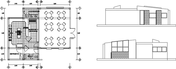 Vector sketch of a simple modern minimalist cafe restaurant architectural design illustration