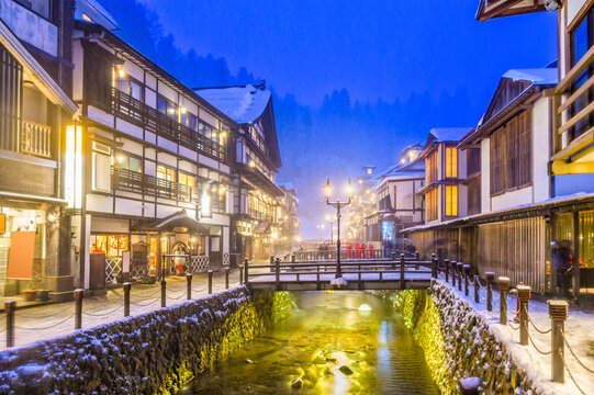 Obanazawa Ginzan Onsen, Japan hot springs town in the snow.