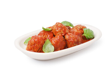Plate of tasty meat balls with tomato sauce and basil on white background