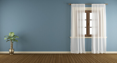 Blue room with wooden windows and white curtain - 3d rendering