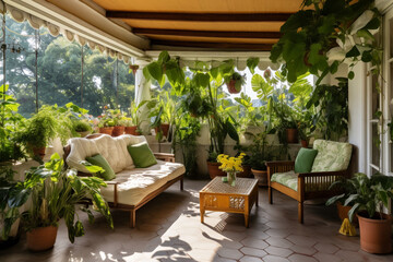 Fototapeta na wymiar テラスには美しい緑豊かな屋内植物がたくさんあります。テラスの装飾と造園GenerativeAI