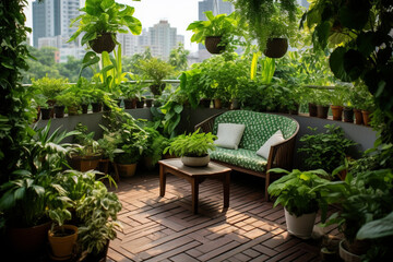 Fototapeta na wymiar テラスには美しい緑豊かな屋内植物がたくさんあります。テラスの装飾と造園GenerativeAI