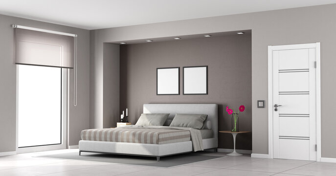 Minimalist master bedroom with double bed,closed door and window - 3d rendering