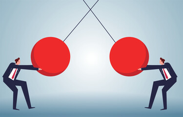 Conflict and collision, competition, confrontation or difference of opinion, two businessmen pulling a huge iron ball respectively for collision - obrazy, fototapety, plakaty